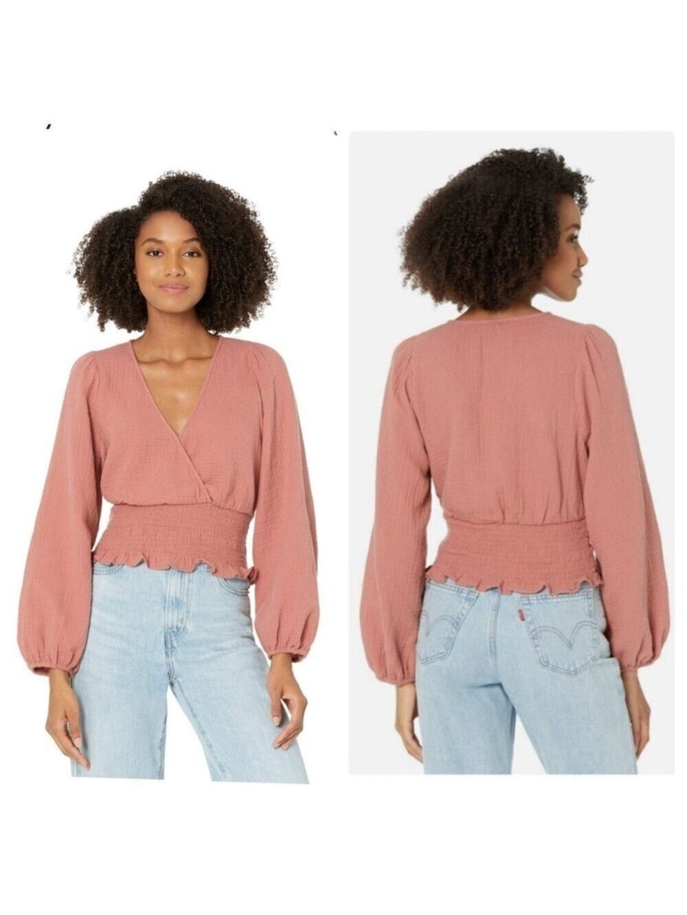 Madewell Julianne Lightspun Smocked Waist Top Dusty Rose V-Neck Size XL